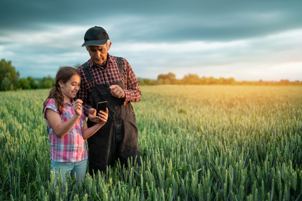 Senior farmer and his granddaughter using smart phone outdorrs in field.