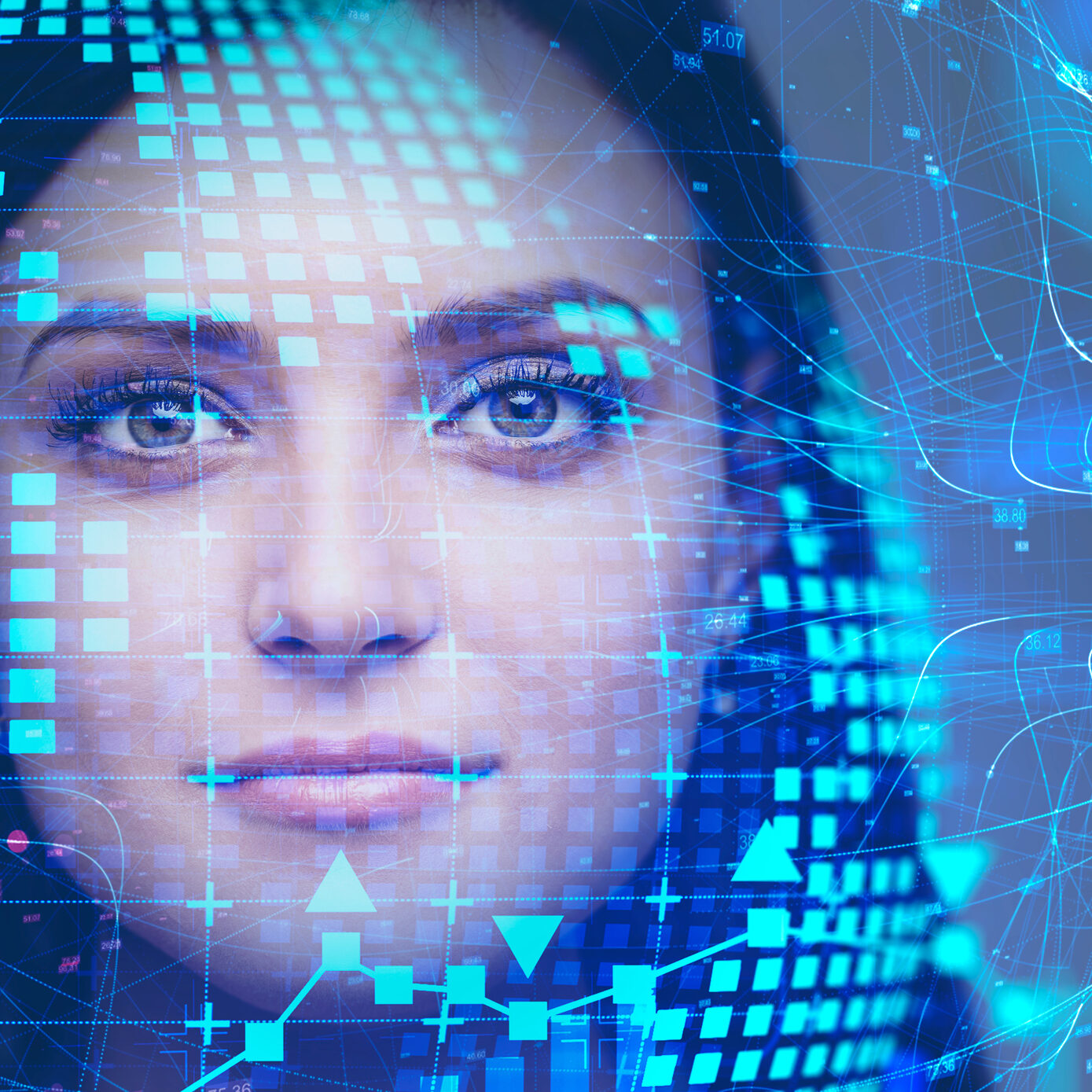 Beautiful caucasian woman with black hair looking forward with double exposure of planet hologram and network interface. Concept of internet and artificial intelligence. Toned image